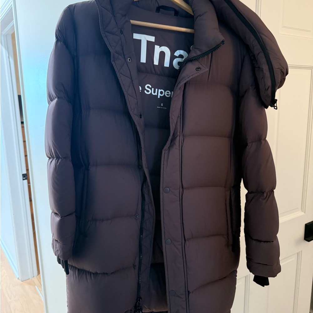 Purple Aritzia Super Puff Mid Length with hood